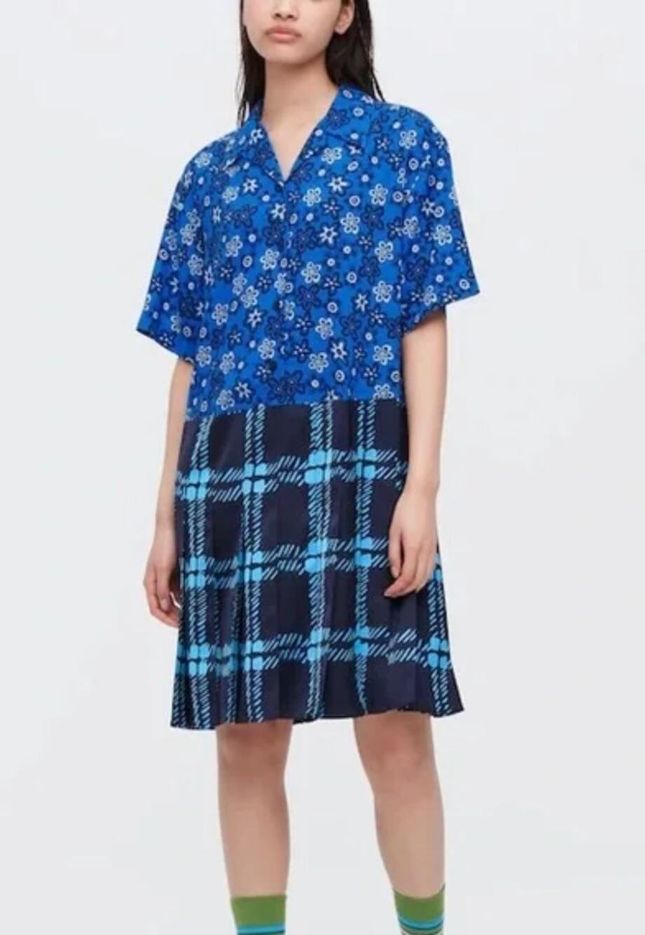 UNIQLO x MARNI Open Collar Pleated Skirt Plaid Floral Dress Size XS